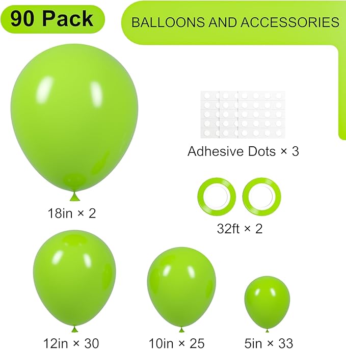 Voircoloria 90pack Lime Green Balloons Different Size 18/12/10/5 Inch Lime Green Balloon Garland Arch Kit for Graduation, Wedding, Birthday, Christmas, Baby Shower, Anniversary Party Decorations