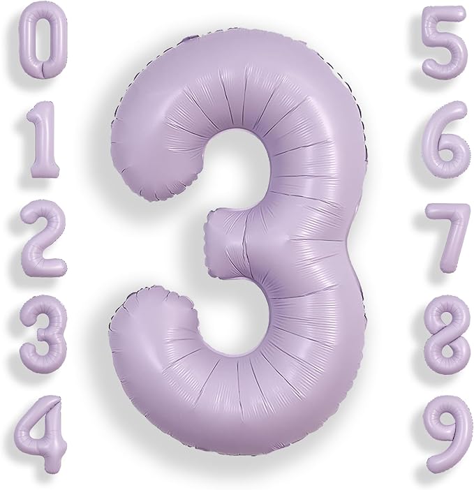SUWEN 40 Inch Light Purple Large 3 Balloon Number Big Foil Helium Lavender Number Balloons Huge Mylar 0-9 Giant Jumbo Happy 3rd Birthday Party Anniversary Decorations