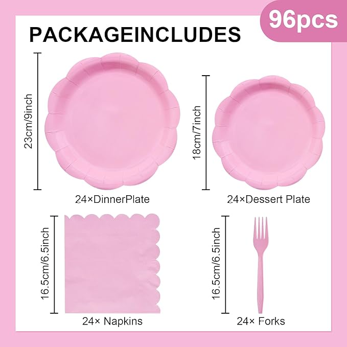 96 Pieces Pink Scalloped Tableware Set Party Supplies ??Solid Color Disposable Dinnerware with Paper Plates, Napkins, and Forks for Girls Birthday, Baby Showers, Tea Parties ??Serves 24