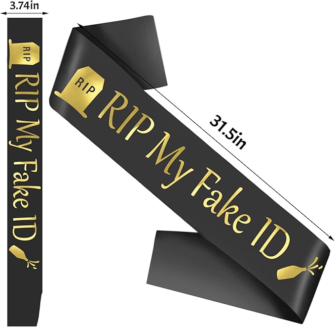 21st Birthday Sash for Men and Women, Funny RIP My Fake ID Birthday Sash, Finally 21 Bday Sashes, Ideal Twenty One Sashes Party Favors Supplies and Decorations for Your 21 Bday Party(Black,Gold)