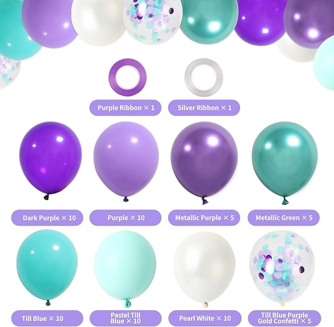 RUBFAC Purple Party Balloons, Purple and Teal Balloons, 65pcs Metallic Purple Green Blue Confetti Latex Balloons for Magic Birthday Party Decorations