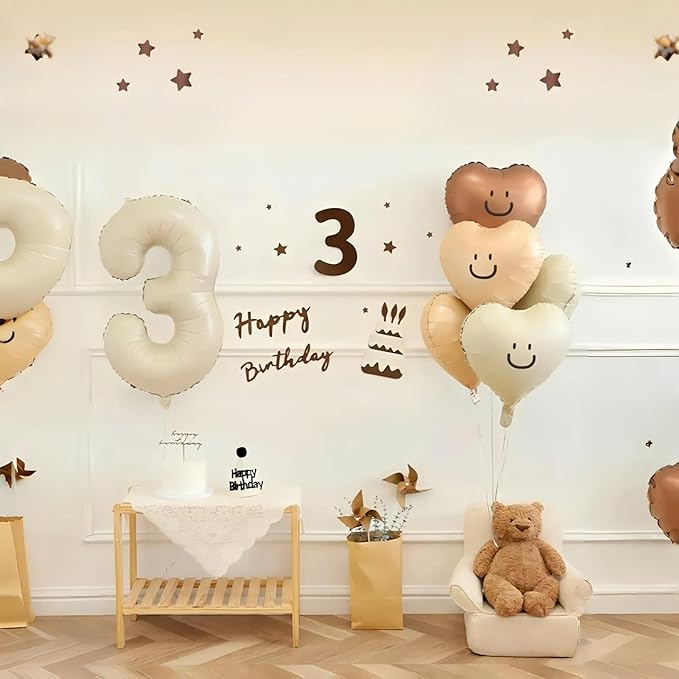 40 Inch Beige Large Numbers Balloons 3, Self Inflating Ivory White Digit 3 Helium Balloons for 3rd Girls, Cream Foil Mylar Number Balloons 0-9 for Women Birthday Party Anniversary Supplies Decorations
