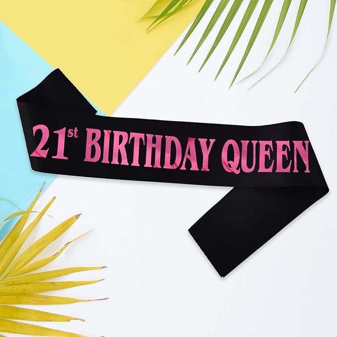 21st Birthday Queen Sash, Pink Foil Black Satin Birthday Sash for Women 21st Fabulous Birthday Party Gift Decorations Favors