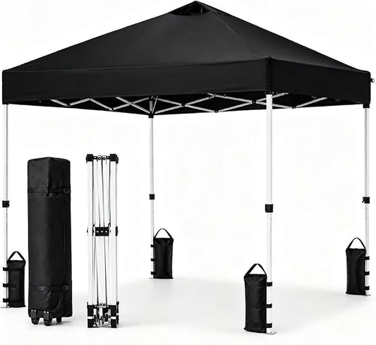10x10 Pop Up Canopy Tent, Waterproof UV Blocking Heavy Duty Steel Frame with Wheeled Bag & Sandbags, One-Person Setup, Ideal for Outdoor Beach, Party, Camping, Backyard, Tailgate Events (Black)
