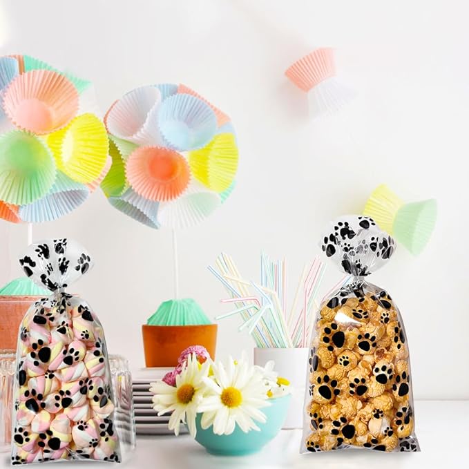 Dog Cellophane Treat Bags, 200PCS Plastic Paw Goodie Bags with Ties for Candy Cookie Gifts, 5x11 Inch Clear Gift Bag for Baby Shower Pet Puppy Birthday Party Decorations Favors Supplies Wrapping