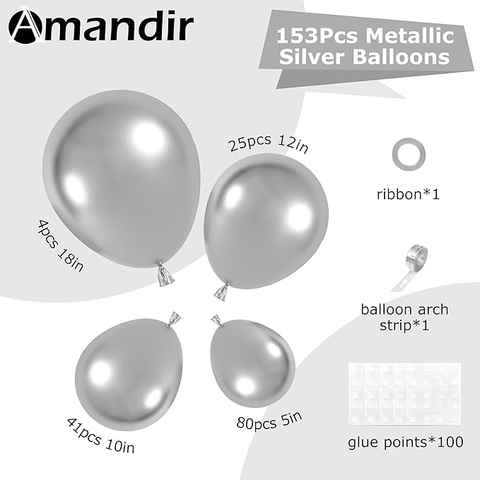 Amandir 153pcs Metallic Silver Balloons Arch Garland Kit Different Sizes 18 12 10 5 Inch Latex Chrome Silver Balloon Birthday Wedding Bachelorette Disco New Year Holiday Party Decorations