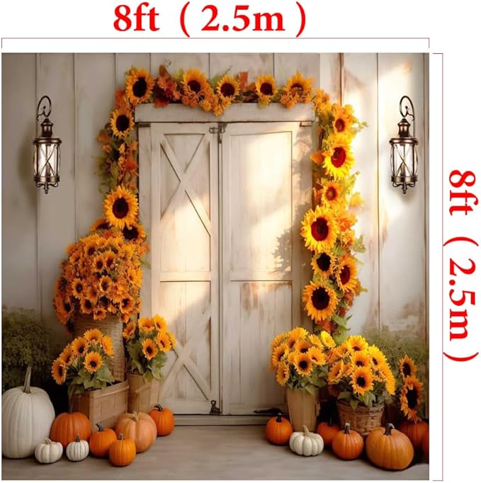 Kate Fall Photography Backdrop Autumn Sunflower Photo Background for Kids Fall Pumpkin Birthday Party Backdrop, 8x8ft