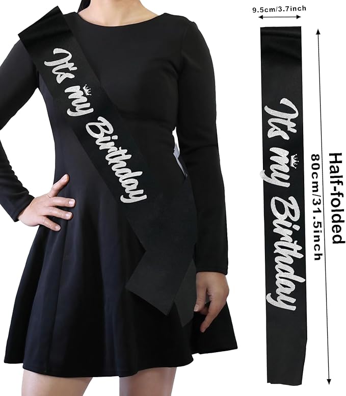 It's My Birthday Sash Black with Glitter Silver Letters Happy Birthday Sash for Women Men Boy Girl Bday Gift Ideas Party Favors