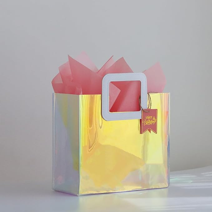 11'' Holographic Medium Birthday Gift Bag with Tissue Paper and Happy Birthday Gift Tag for Women Girls Mother (M- Glossy Coral)