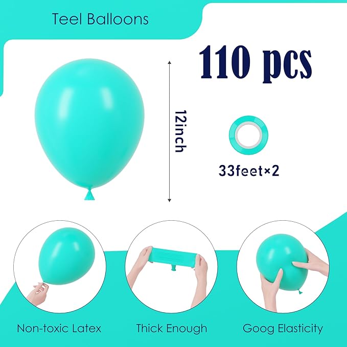 Voircoloria 110pcs Teal Balloons 12inch Turquoise Latex Party Balloons for Graduation, Wedding, Birthday, Bridal Shower, Baby Shower, Anniversary Party Decorations