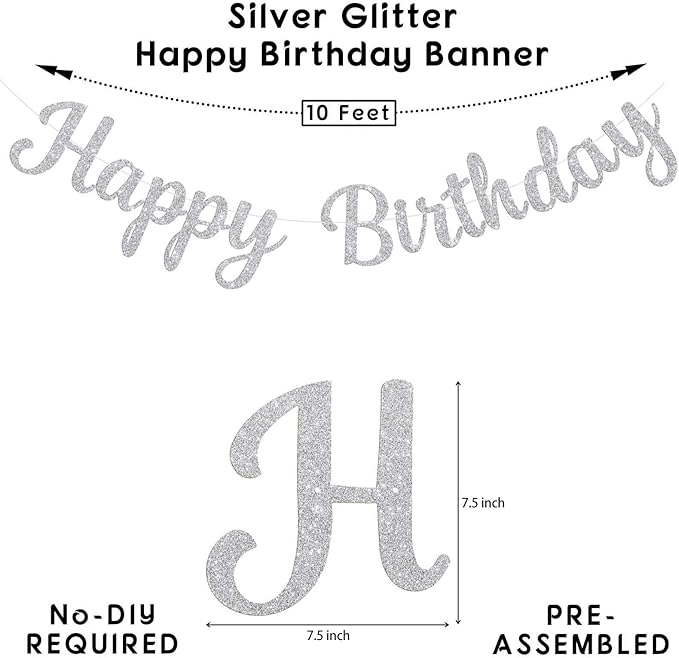 Glitter Happy Birthday Banner Sign, Reusable Birthday Party Garland Decorations, DIY Cake Day Celebration Banners Party Supplies for Women, Men, Boys, Girls (Silver)