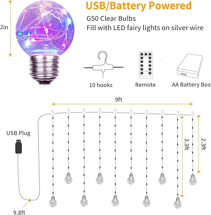 YOLIGHT Wishing Ball Curtain Lights 200 LED Window Curtain String Light with Remote, USB Battery Powered Twinkle Globe Fairy Lights for Wedding Party Bedroom Christmas Decoration (Multi-Colored)
