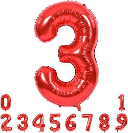 TONIFUL 40 Inch Red Large Numbers Balloons 0-9, Number 3 Digital 3 HeliumFoil Mylar Big Number Balloons for 2026 Mother's Day New Year Eve Graduation Valentine's Day Birthday Party Anniversary Party