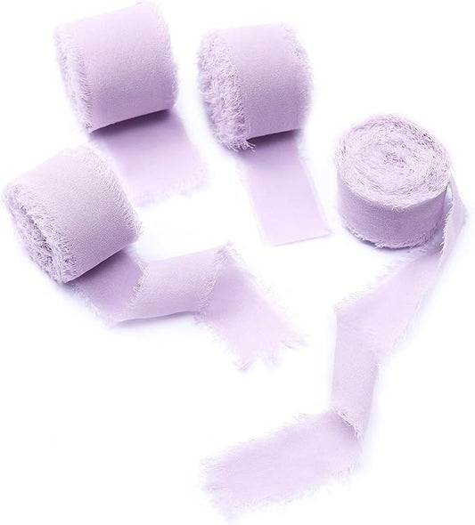 4 Rolls Light Purple Handmade Fringe Chiffon Silk Ribbon 1" W x 5Yd Per Roll,Frayed Edges Ribbon Set for Gifts Wrapping,Wedding Invitations,Bouquets,DIY Crafts (1" x20Yd, Light Purple)