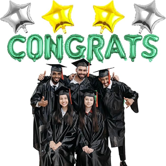 CONGRATS GRAD Green Balloon Gift Set - Perfect Graduation Gift - Complete 19-Piece Party Kit with 16” Letters + 18" Silver Gold Stars - Ready-to-Give Celebration Package 2026