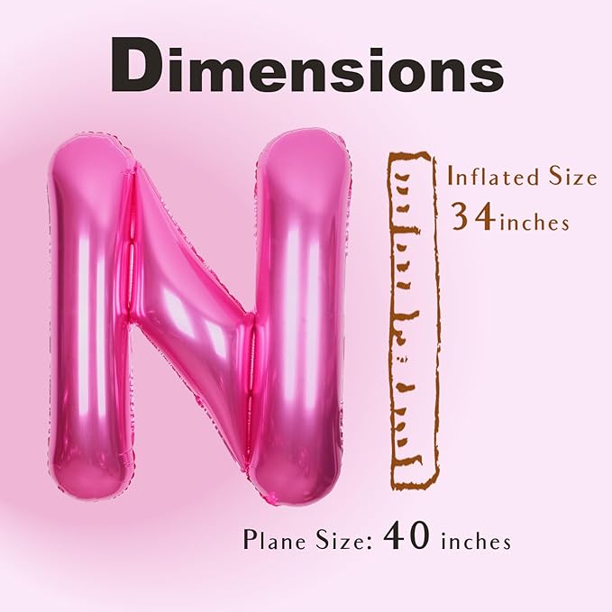 SUWEN 40 Inch Hot Pink Large N Letter Balloons Big Foil Helium Letter Balloons A-Z Jumbo Mylar Happy Birthday Party Decorations for Woman Anniversary Party Supplies