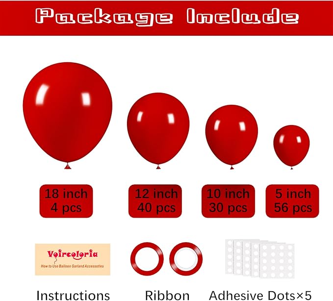 Voircoloria 130pcs Ruby Red Balloons Different Sizes 18" 12" 10" 5" Dark Red Latex Balloon Garland Arch Kit for Birthday Baby Shower Graduation Wedding Valentine's Day Christmas Party Decorations