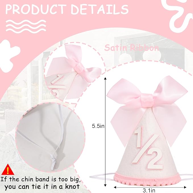 Pink Bow 1/2 Birthday Hat- Pink half Birthday hat, Princess 1st Birthday Supplies,Half Birthday Decorations for Girls
