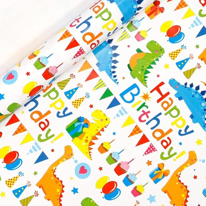 Viadom Birthday Wrapping Paper,Gift Wrapping Paper Roll,Dinosaur Wrapping Paper-17 inch X 50 Feet Per roll,Colorful Happy Birthday Pattern For Boys Girls, Perfect For Birthdays Party, Baby Shower