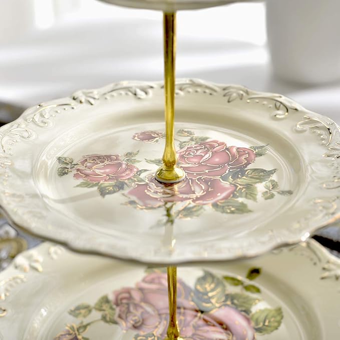 YOLIFE Red Rose Pattern 3 Tiered CupCake Stand, Emboss Golden Leaves Edge Porcelain 3 Tier Pastry Desert Fruit Stand