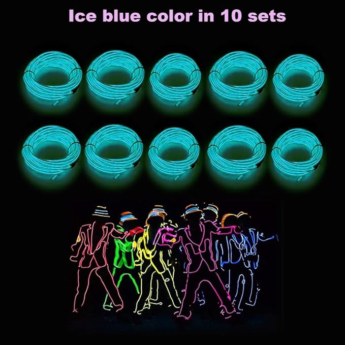 MaxLax EL Wire Ice Blue 10-Pack, 9ft/2.75m Neon Light Wire with Noise Reduction and Battery Pack…