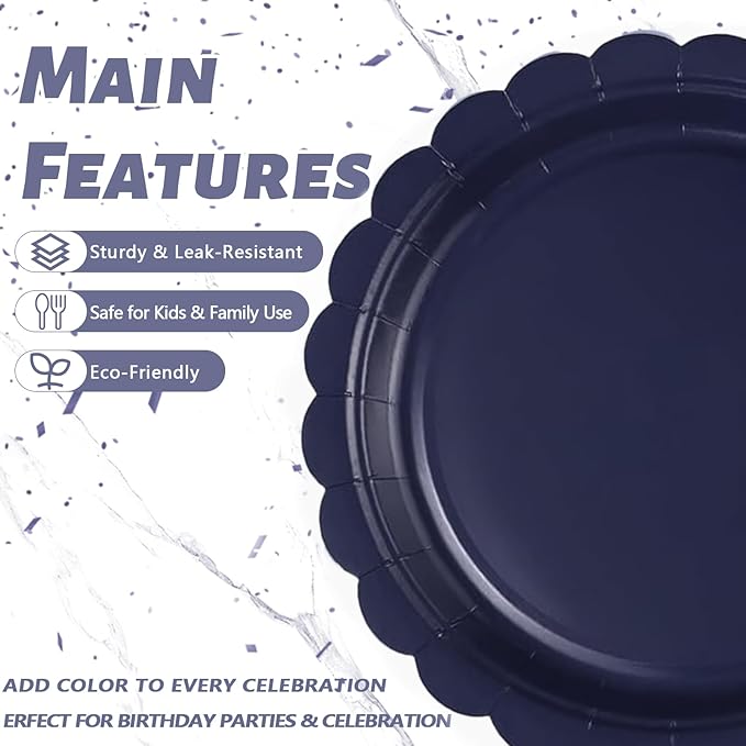 Navy Blue Scalloped Party Plates Set, 120-Piece Disposable Dinnerware for 40 Guests, 7-inch Decorative Edge Plates, Cups & Napkins for Corporate Event, Mens Birthday, BBQ