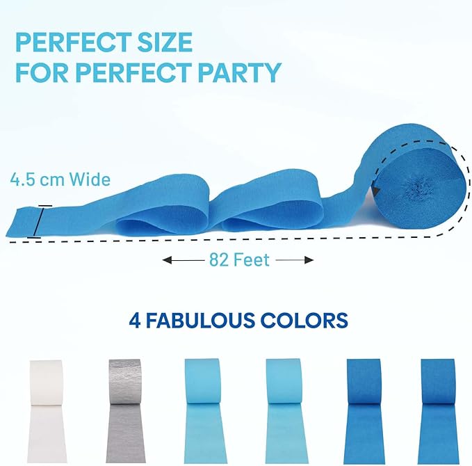Captain Décor 6 Light Blue Streamers with Silver & White – 492ft Crepe Paper Rolls for Party & Birthday Decorations in Baby & Blue Accents