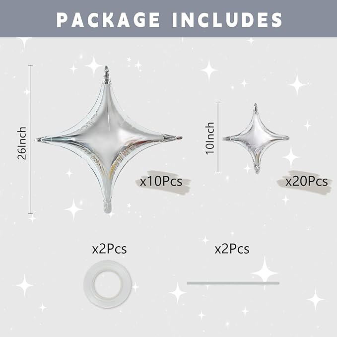 TONIFUL 30Pcs 26In&10In Star Balloons Large Silver Four Pointed Star Shape Foil Balloons Mini Star Mylar Balloons for Birthday Wedding Baby Shower Anniversary Engagement Party Decorations Supplies