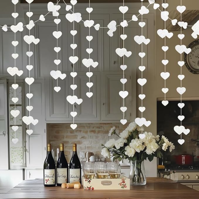 White Hanging Heart Garland Sparkling Love Streamer Glitter Bunting Banner Twinkle Heart Backdrop for Wedding Engagement Valentines Galentines Birthday Party Decor 40 Feet