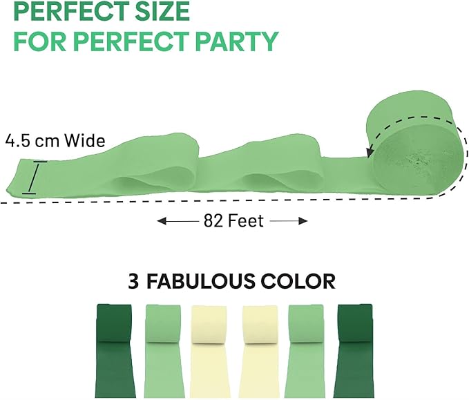 Captain Décor 6 Crepe Paper Streamers Rolls, 492ft Pack of 6 Green & White Streamers for Party Decorations, Birthday Streamers, Party Streamers for Wedding Decoration (1.8 inch x 82 ft/Roll)…