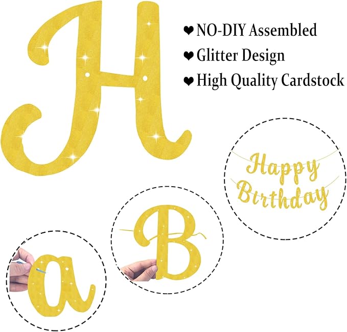 Pre-Strung Glitter Happy Birthday Banner Garlands Gold Happy Birthday Sign Banners for Women Men Boys Girls Party Backdrop Wall Door Decorations