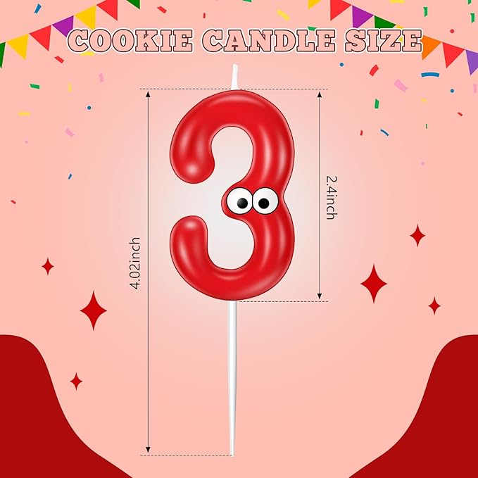 MTLEE Number Birthday Candle Monster Theme Candles Cookies Cake Topper for Girl Boy Cartoon Birthday Party Cake Decorations Supplies(Red,Number 3)