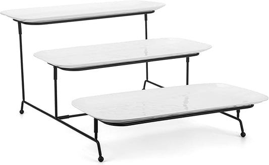 3 Tiered Serving Platter, 3-Piece 14.75" Melamine Tray and Tier Rack, Rectangular Food Display Stand with White Melamine Platters - Serving Trays for Parties
