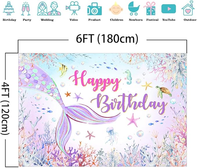 Mocsicka Mermaid Birthday Backdrop Blue and Purple Under The Sea Background for Girls Birthday Party Decor Photo Booth Props (6x4ft)