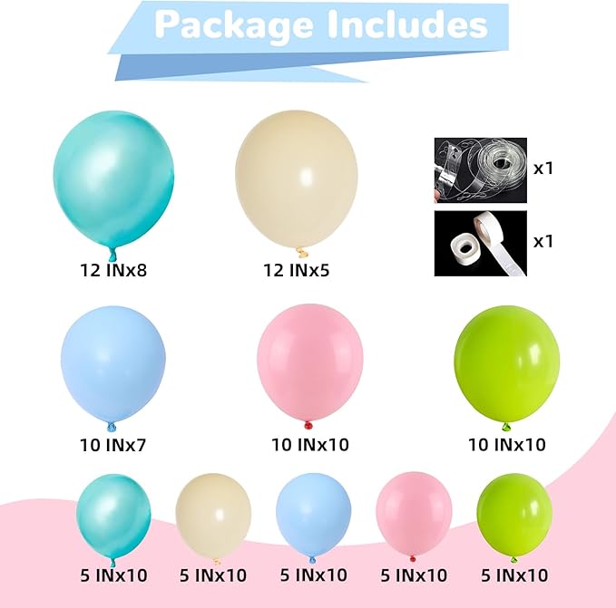 HILAVO Summer Tropical Balloon Arch Kit Hawaiian Pearl Teal Blue Lime Green Pastel Pink Blue Ivory Colorful Balloons Garland for Hawaiian Luau Aloha Pool Beach Birthday Baby Shower Party Decorations