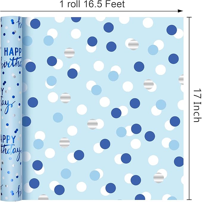 MAYPLUSS Birthday Wrapping Paper Roll - 17 Inch X 16.5 Feet - Blue Glitter Happy Birthday Lettering Metallic Foil Paper Girl Gift Wrap w/Polka Dot for Party