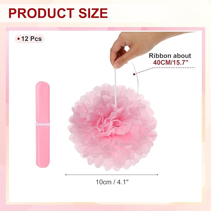 PATIKIL 4inch Tissue Paper Pom Poms, 12PCS Pom Poms Paper Flowers Ball Tissue Paper Flowers for Wedding Bridal Shower Birthday Bachelorette Party Backdrop Decoration, Pink