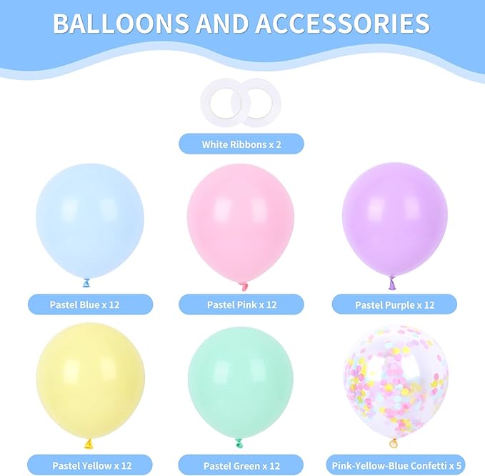 RUBFAC Pastel Balloons Easter Party Balloon, 65pcs 12 Inch Light Rainbow Colorful Latex Confetti Balloons for Easter Birthday Baby Shower Bridal Wedding Party Decoration