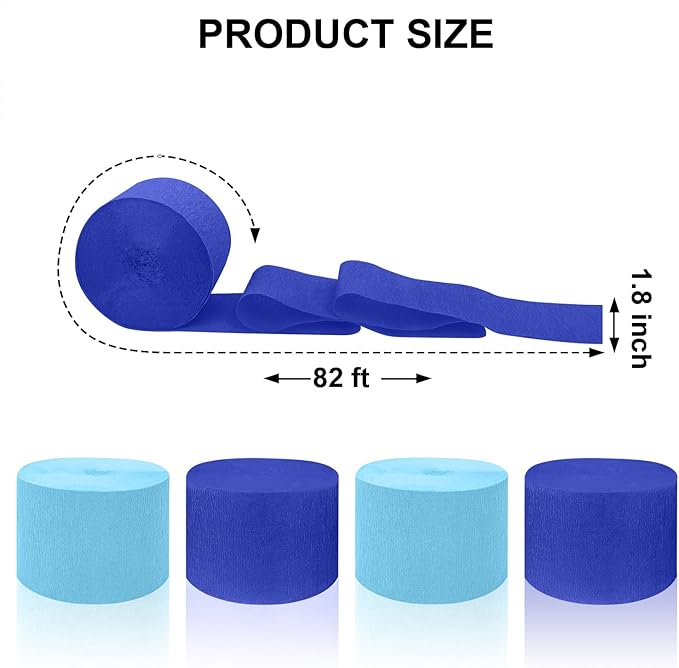 4 Crepe Paper Streamers Rolls, 328ft Pack of Royal Blue and Blue Crepe Paper for Birthday Baby Shower Wedding Graduation Party Decorations (1.8 inch x 82 ft/Roll)