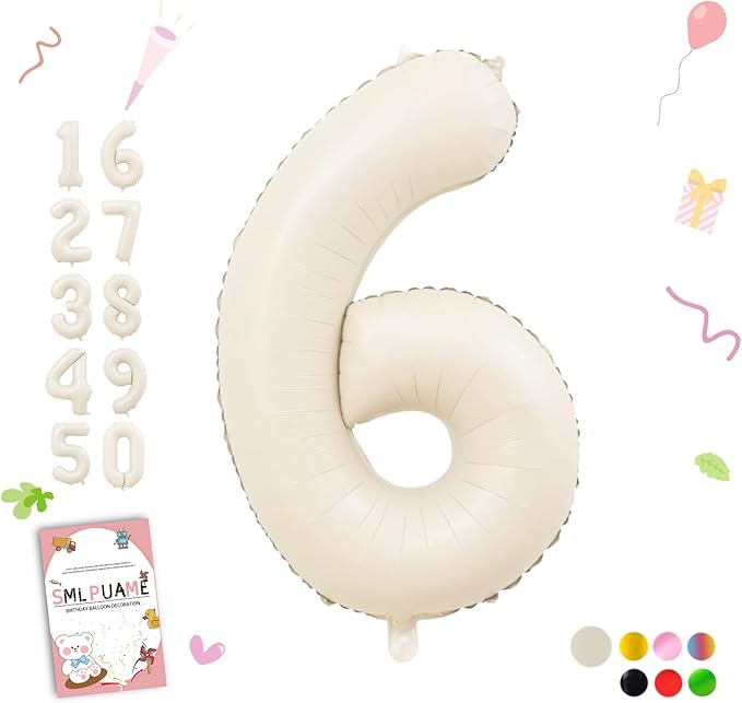 40 Inch Beige Number 6 Balloons for 6th Birthday Decorations Boys Girl, Giant Self-Sealing Cream Foil Number 0-10 White Sand Balloon for Women Men Party Anniversary Baby Shower Supplies