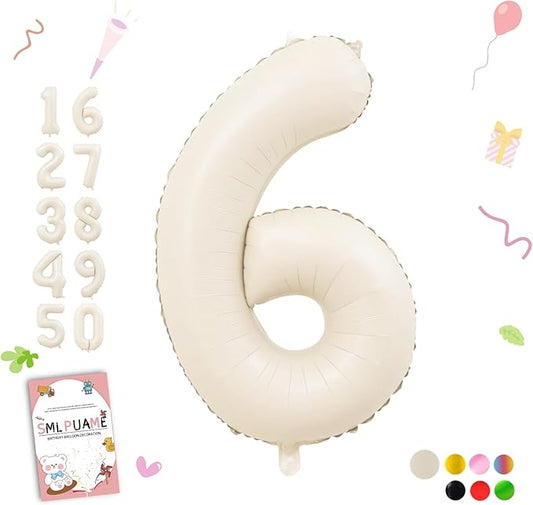 40 Inch Beige Number 6 Balloons for 6th Birthday Decorations Boys Girl, Giant Self-Sealing Cream Foil Number 0-10 White Sand Balloon for Women Men Party Anniversary Baby Shower Supplies