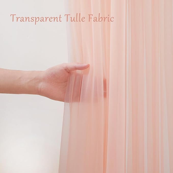 30x8ft Peach Tulle Backdrop Curtain with Lights String for Parites, Sheer Photo Backdrop Curtains for Easter Wedding Baby Shower Birthday Party Photo Shoot Decorations