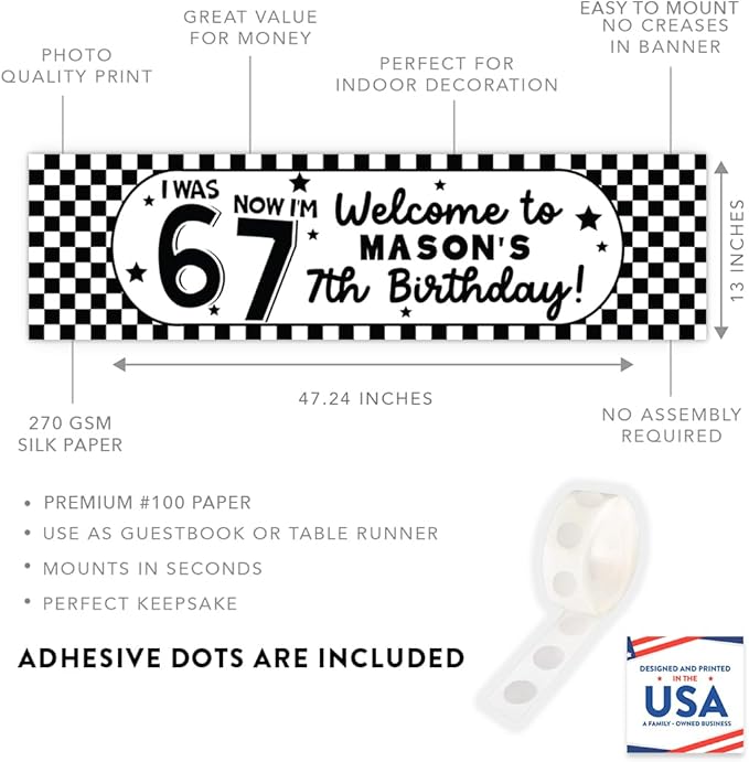 Andaz Press 13x48 Inch Custom 6 7 Birthday Banner Decorations, Personalized Birthday Banner with Custom Name, Black and White Checkered 67 Happy Birthday Party Banner for Boys, Home or Party Décor