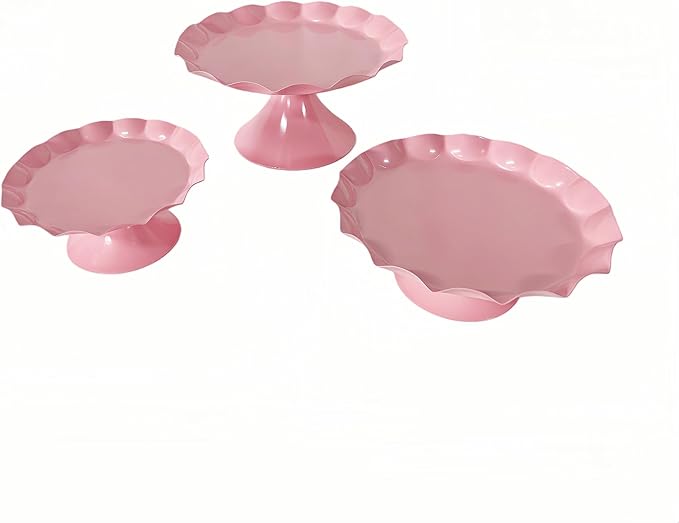 3 Pcs Metal Cake Stand Set, Scalloped Edge Cupcake Tray Dessert Display Platter, Decorative Serving Stand for Wedding, Birthday, Tea Party,Baby Show (Pink)