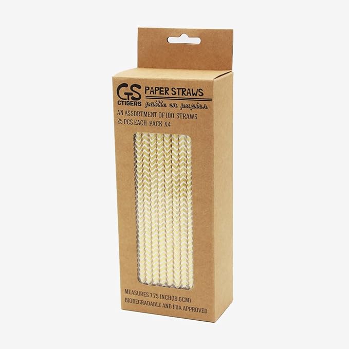 Metallic Gold Chevron Drinking Paper Straws for Valentine's Day Wedding Party Biodegradable Straw Box of 100