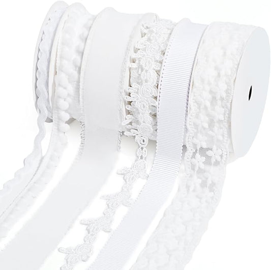 LaRibbons White Ribbons for Crafts 6 Rolls 27.5 Yards TTL Thin Ribbon for Sewing Wedding Gift Wrapping Home Decor