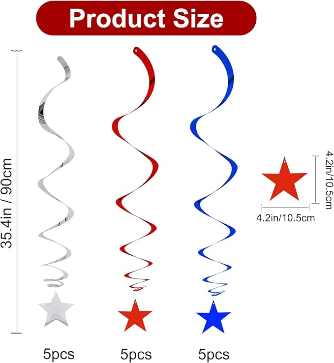 BEISHIDA Red Blue Silver Star Hanging Swirl Decorations,July 4th Hanging Party Supplies for 250th Anniversary Graduation Wedding Baby Shower Birthday Party Decorations,Pack of 15
