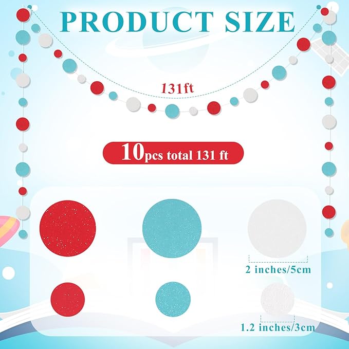 Outus 10 Pieces Colorful Circle Garland Banner Hanging Paper Dot Decorations for Classroom, Birthday Party, Baby Shower, Wedding Backdrop & Photo Booth Graduation Decor (Light Blue,White,Red)