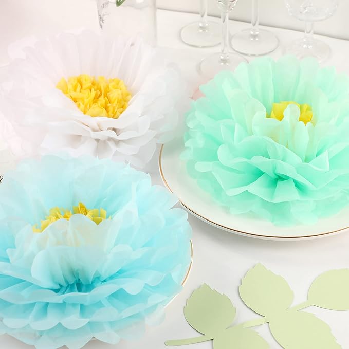 Fonder Mols Tissue Paper Chrysanth Flowers with Butterfly and Olive Leaves for Wedding Baby Shower Nursery Room Parties & Events Decorations Pom Poms (White Mint Baby Blue)