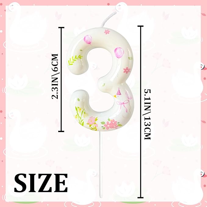 Number 3 Birthday Candle for Cake – Goose Inspired Design with Floral, Balloon & Leaf Details – Farm Theme Cake Topper for Birthday Party Decoration